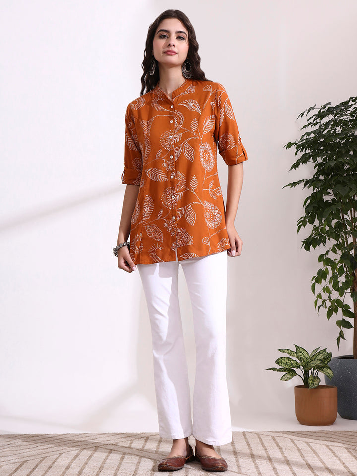 Divena Brown Mandarin Coller Roll Up Sleeves Viscose Rayon Top