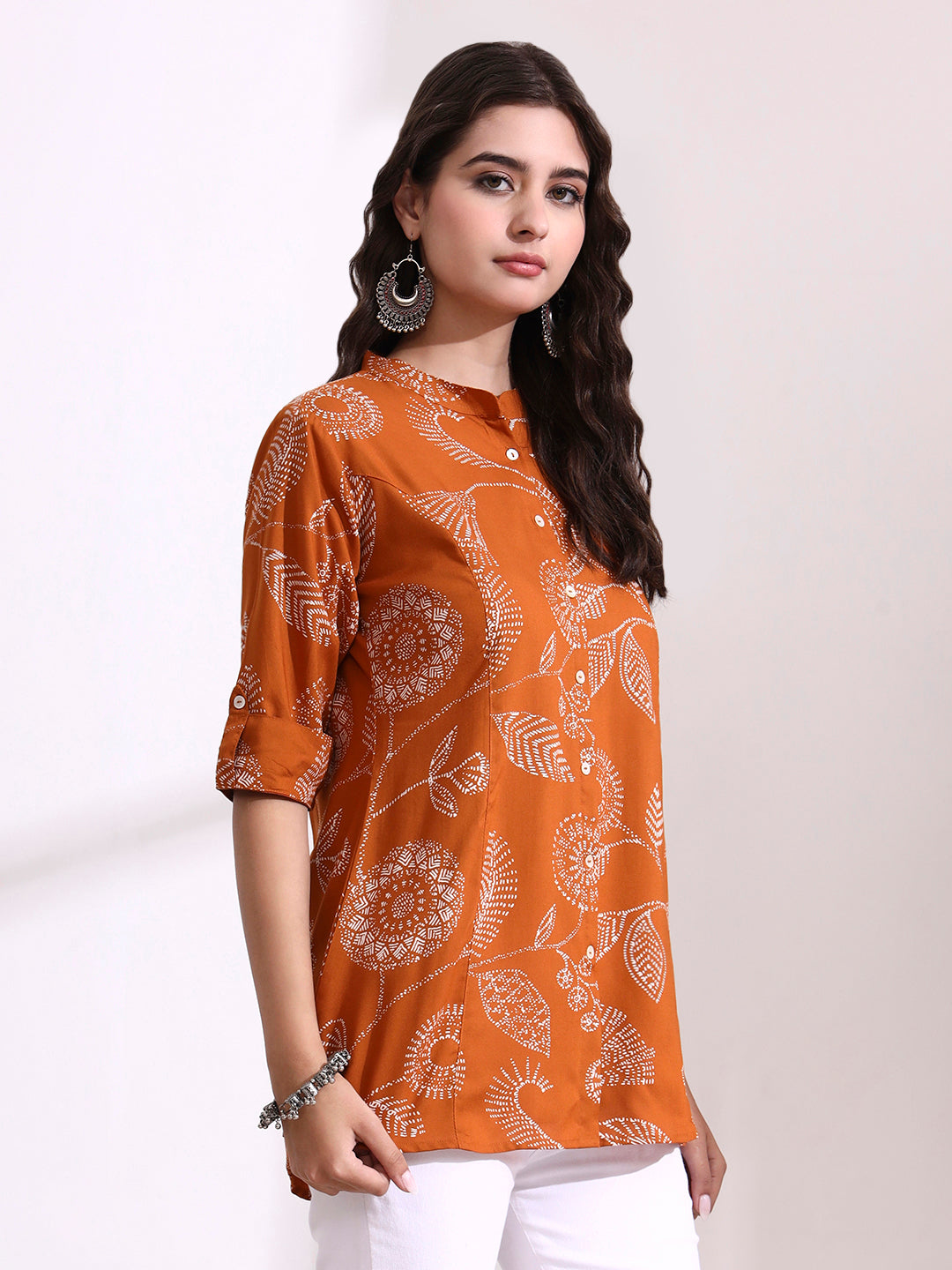 Divena Brown Mandarin Coller Roll Up Sleeves Viscose Rayon Top