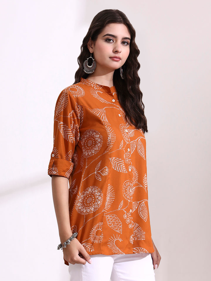 Divena Brown Mandarin Coller Roll Up Sleeves Viscose Rayon Top