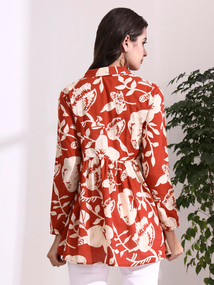 Divena Dark Orange Lepal Coller Peplum Top