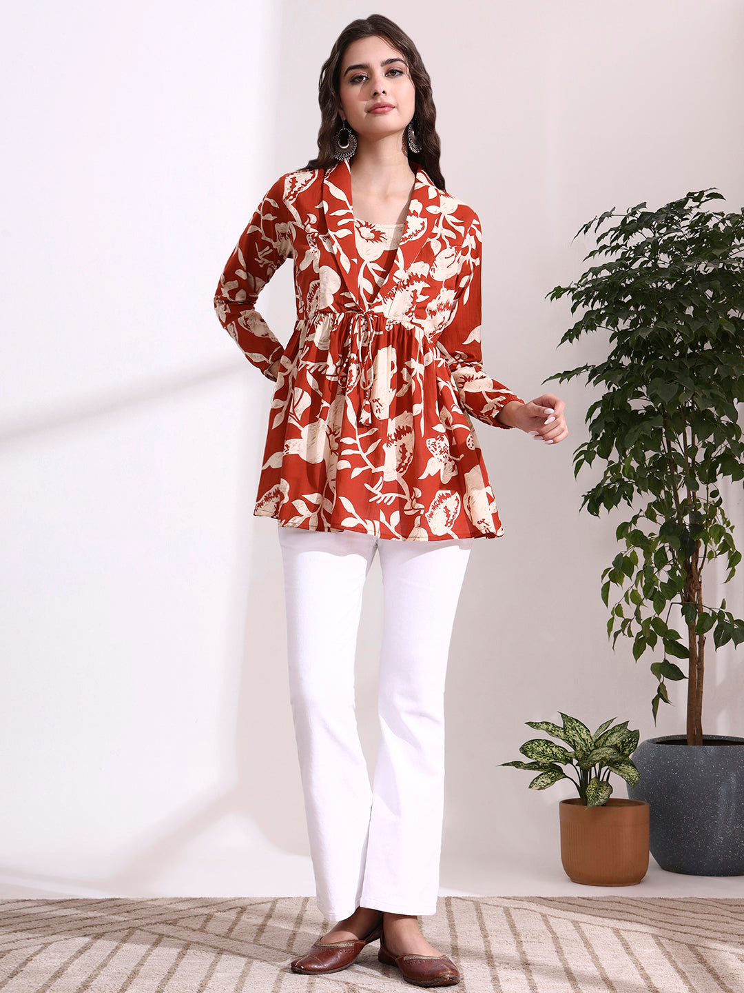 Divena Dark Orange Lepal Coller Peplum Top