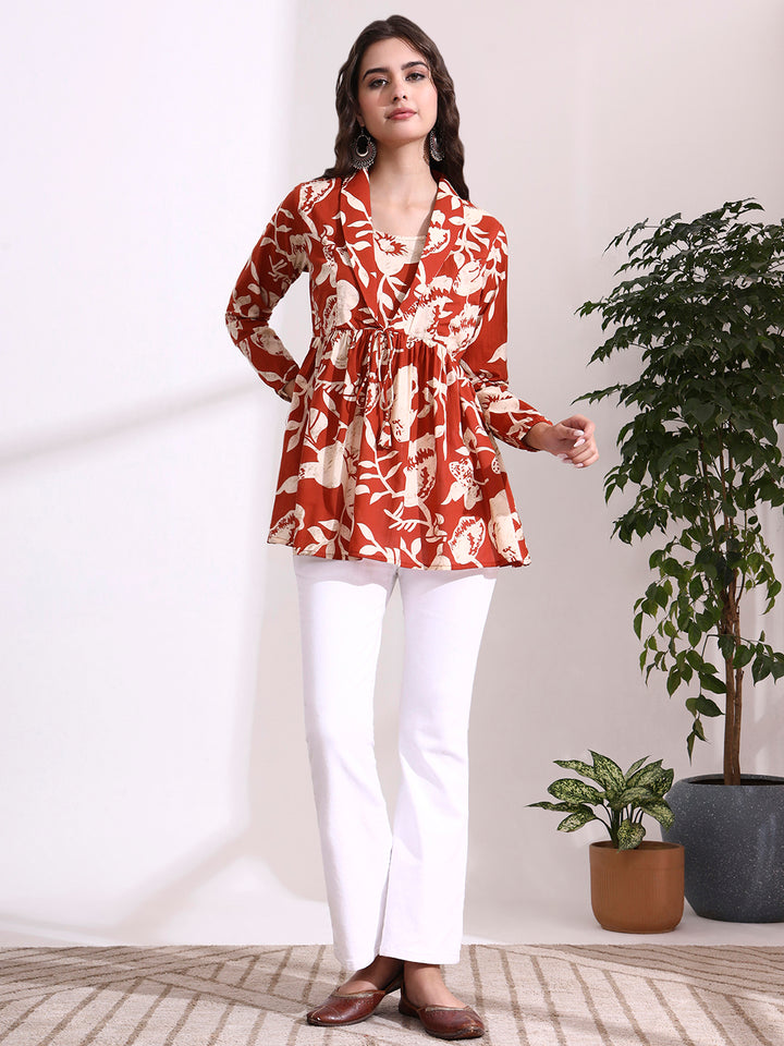 Divena Dark Orange Lepal Coller Peplum Top