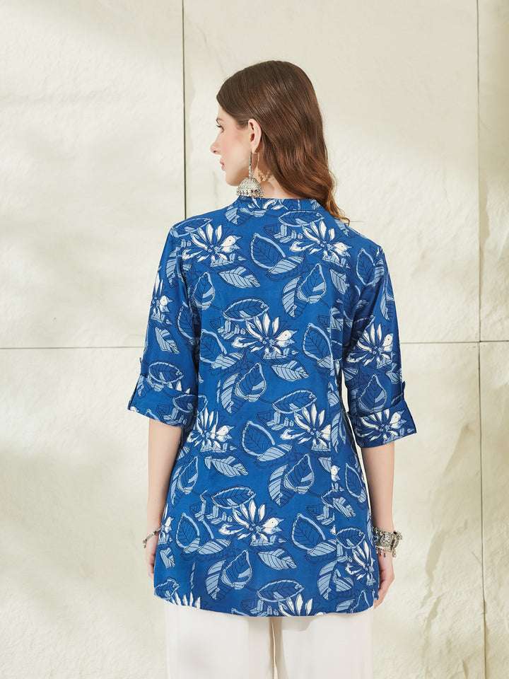 Divena Rayon Blue Floral Print Shirt Style A-Line Top