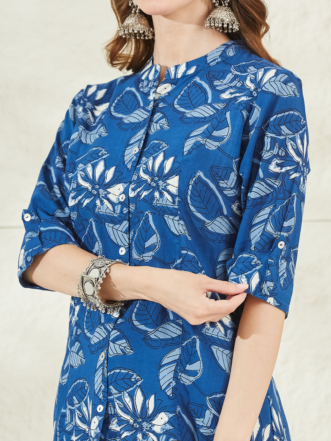 Divena Rayon Blue Floral Print Shirt Style A-Line Top