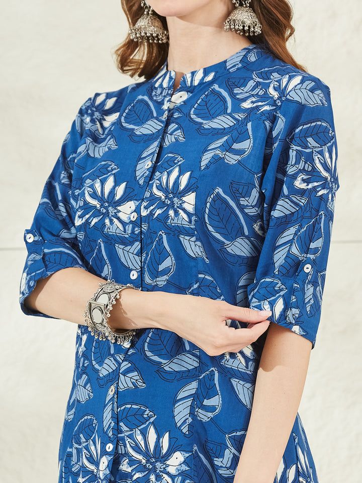 Divena Rayon Blue Floral Print Shirt Style A-Line Top