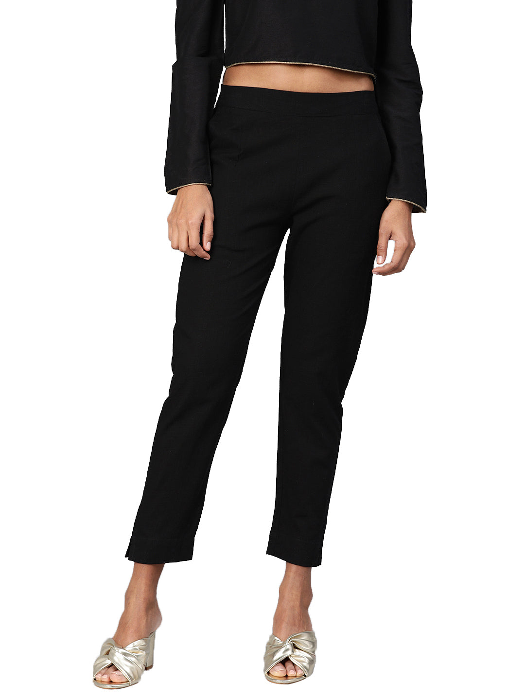 Women Black Straight Fit Solid Regular Trousers — view 1