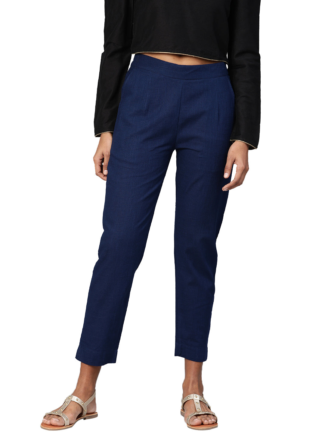 Women Navy Blue Straight Fit Solid Regular Trousers — view 1