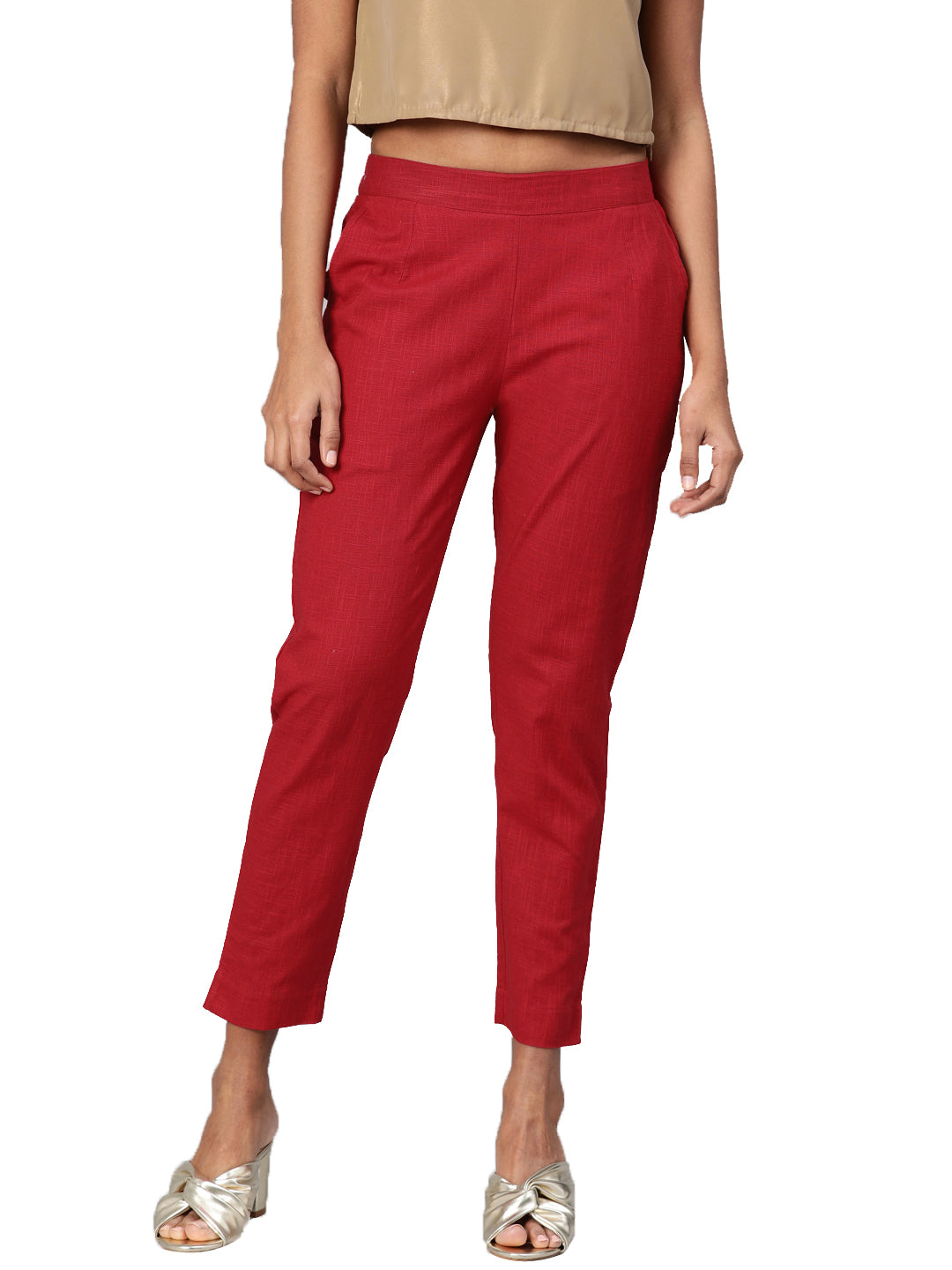 Women Maroon Straight Fit Solid Regular Trousers — view 1