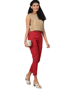 Divena Women Maroon Straight Fit Solid Regular Trousers