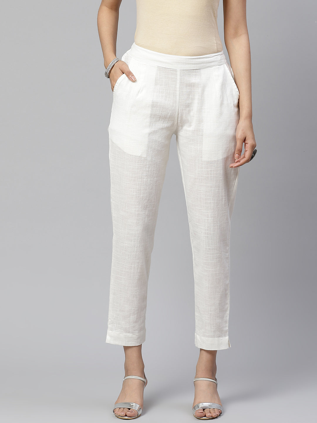 Women Off-White Comfort Regular Fit Solid Cotton Cigarette Trousers — view 1