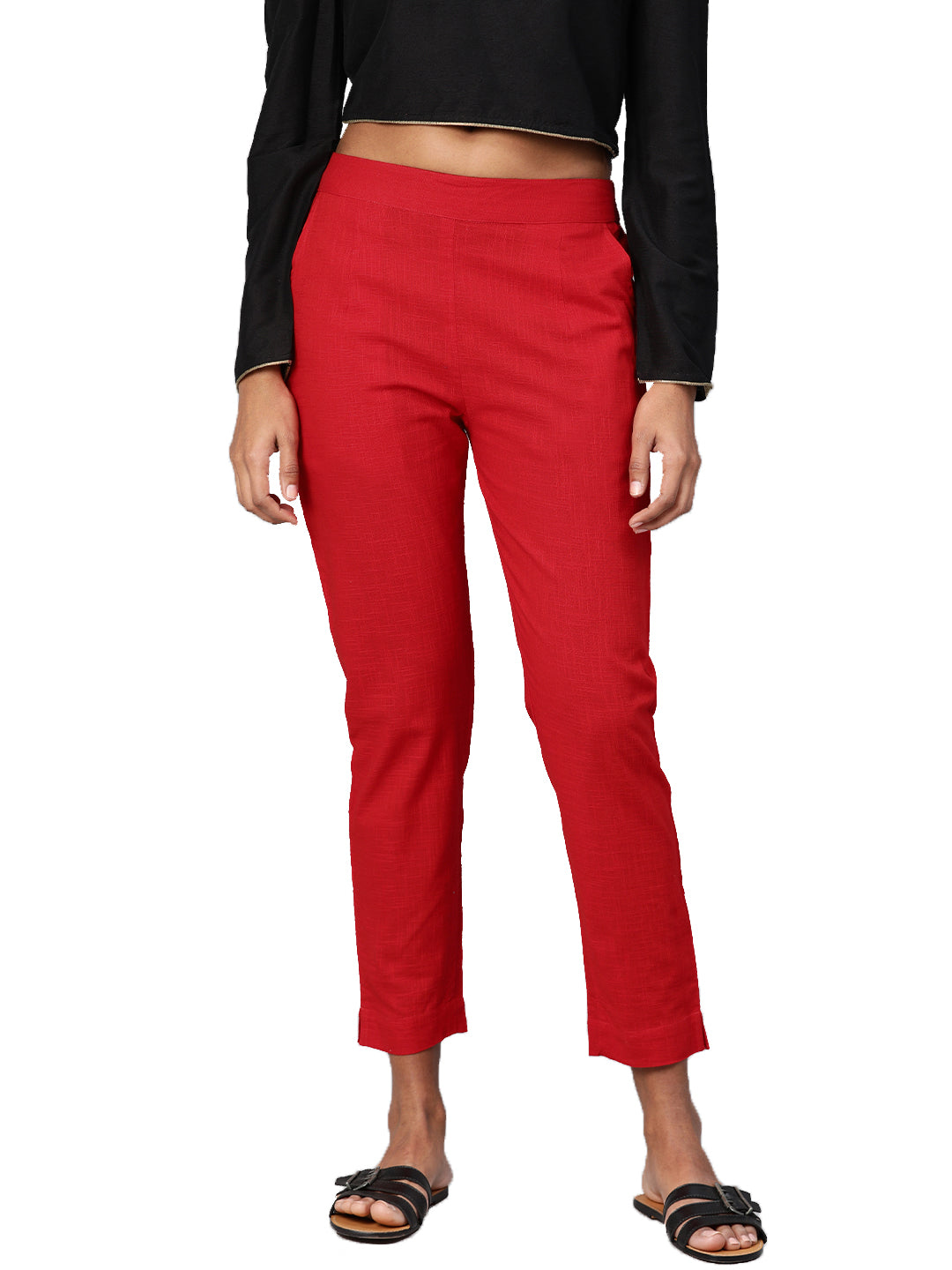 Women Red Straight Fit Solid Regular Trousers — view 1