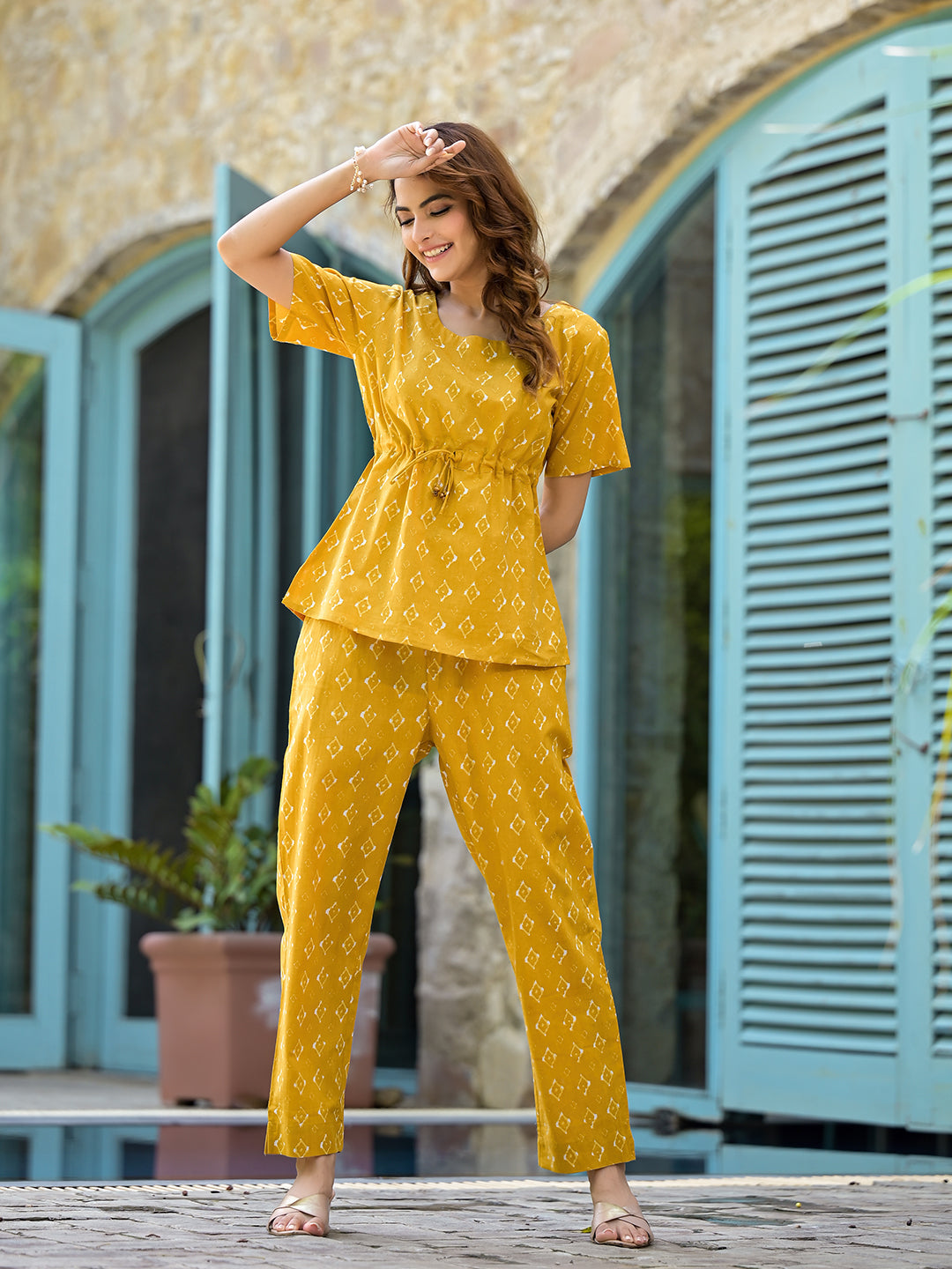 Mustard Cotton A-line Night Suit with Adjustable Waist Dori — view 1