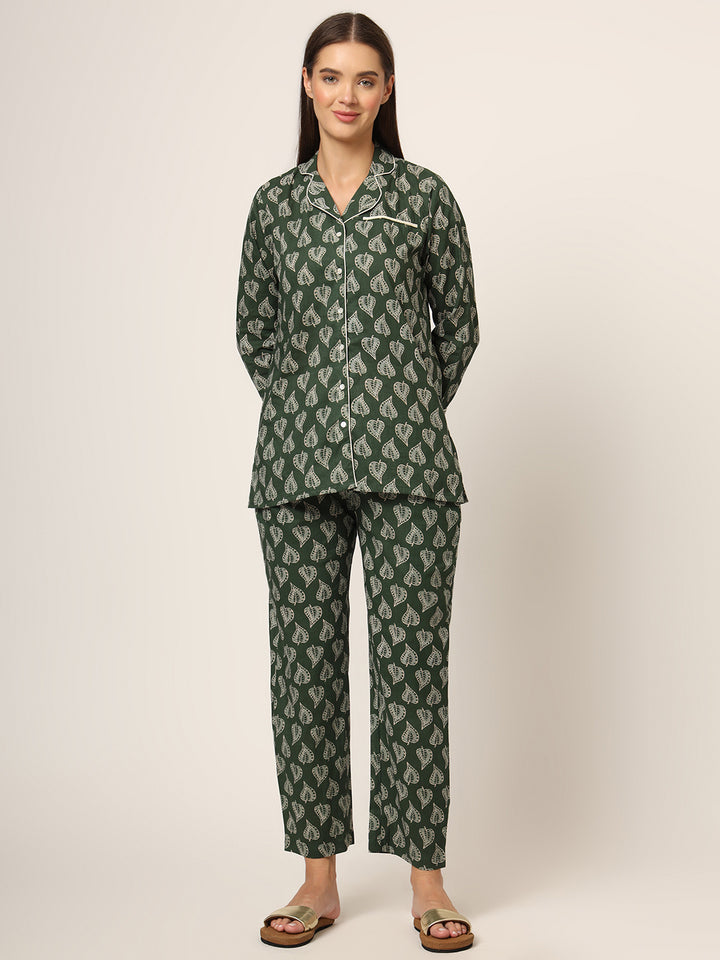 Divena Green Floral Print Cotton Regular Fit Night Suit
