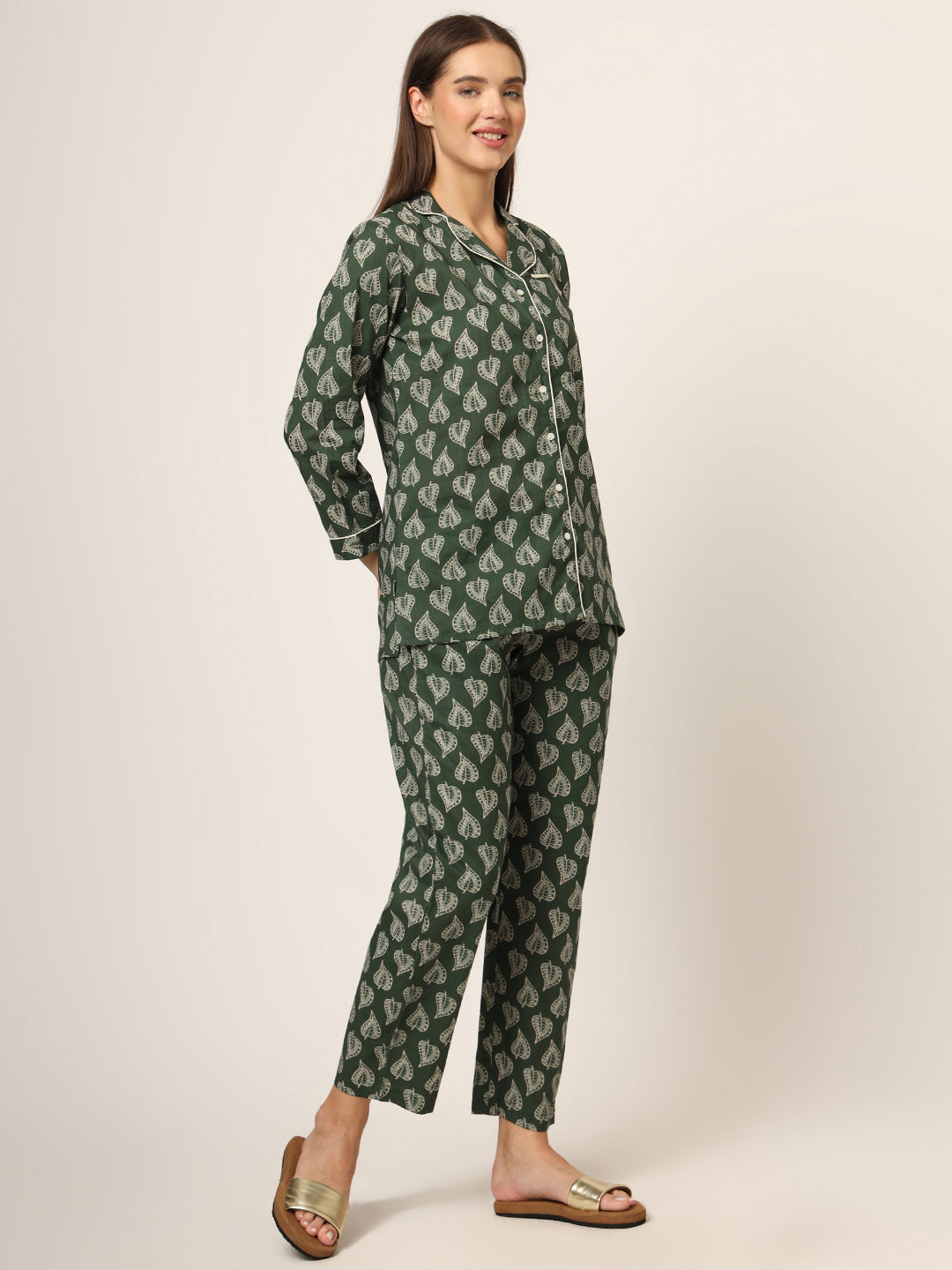 Divena Green Floral Print Cotton Regular Fit Night Suit