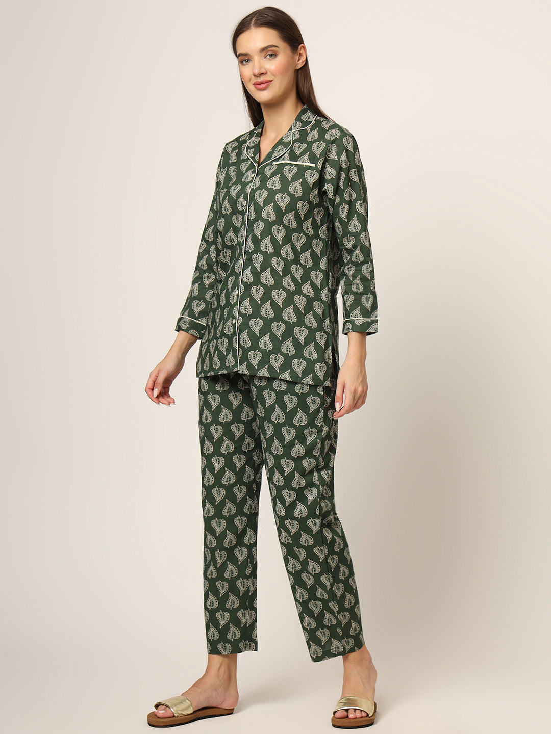 Divena Green Floral Print Cotton Regular Fit Night Suit