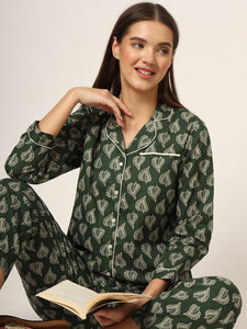 Divena Green Floral Print Cotton Regular Fit Night Suit