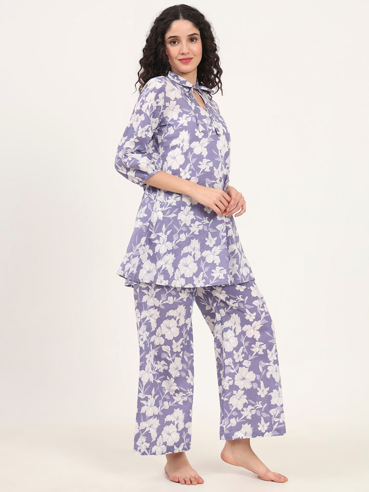 Divena Blue Cotton Night Suit with a Collared Shirt