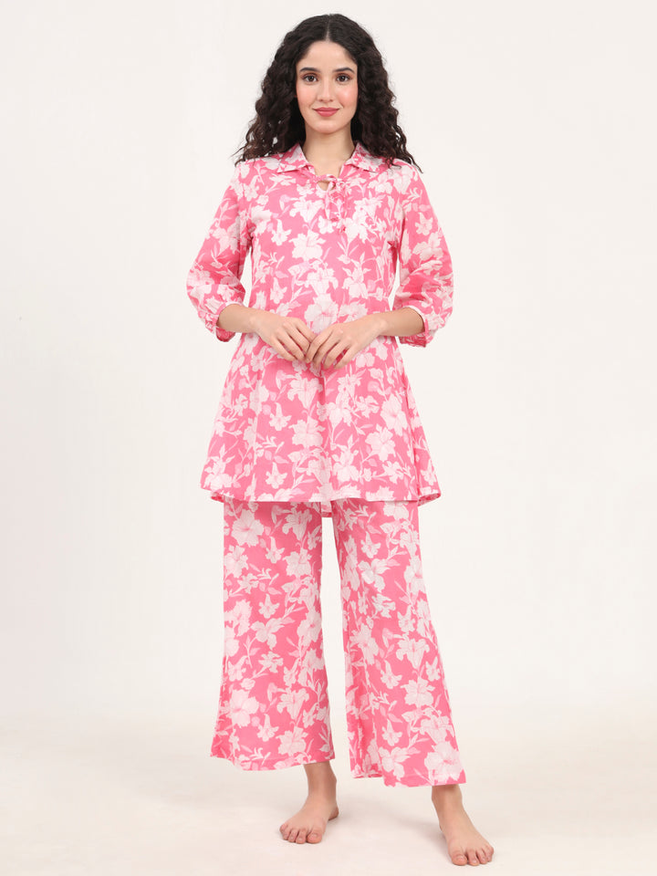 Divena Pink Shirt Coller Cotton Night Suits
