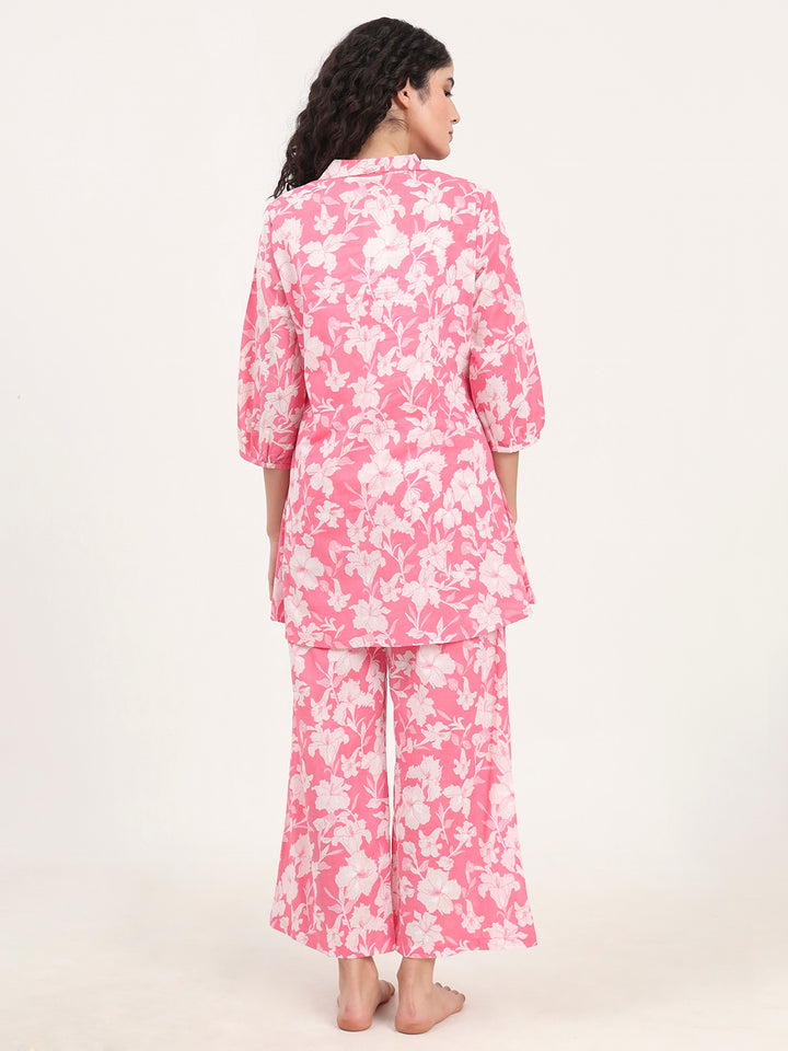 Divena Pink Shirt Coller Cotton Night Suits