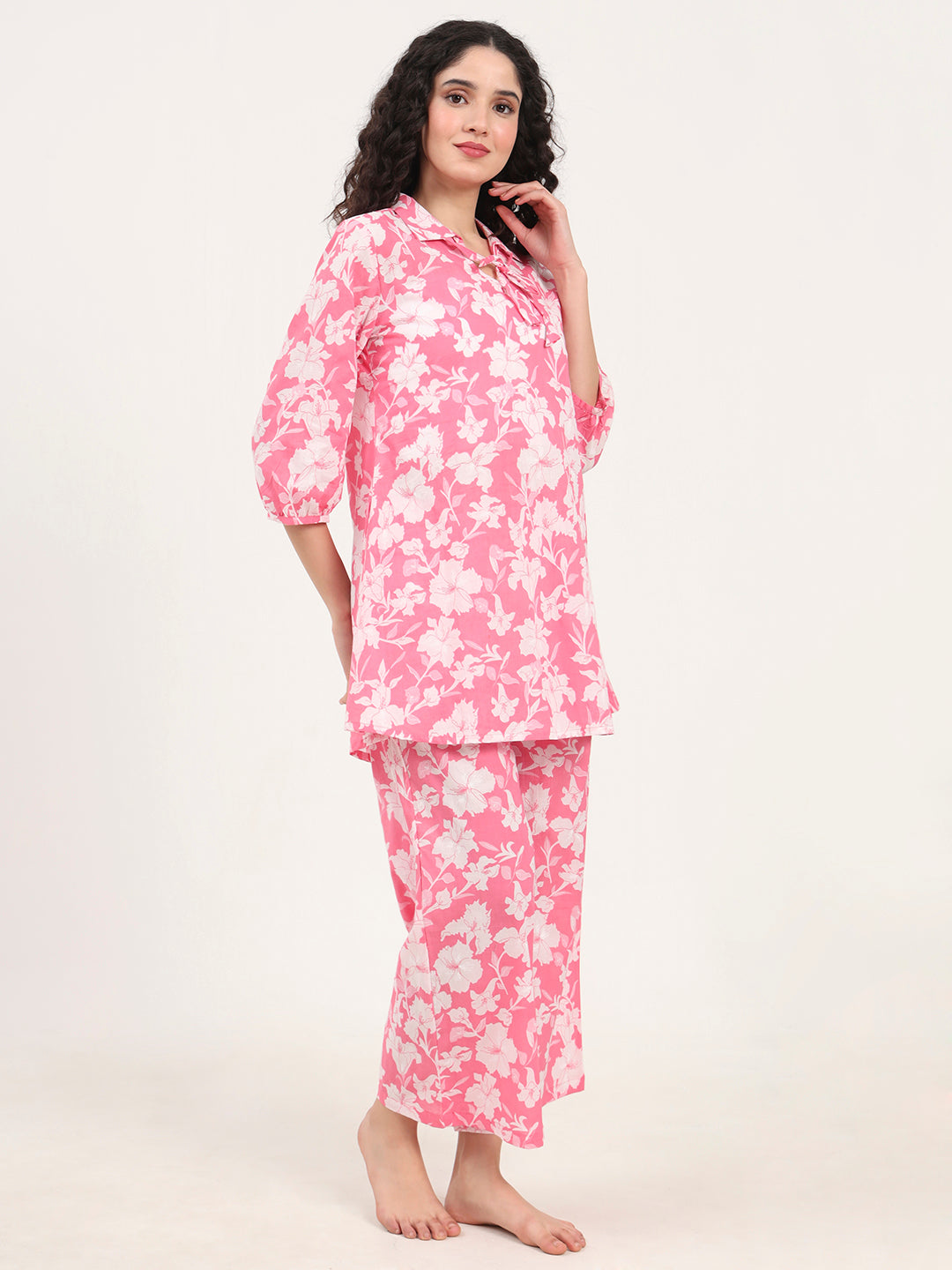 Divena Pink Shirt Coller Cotton Night Suits