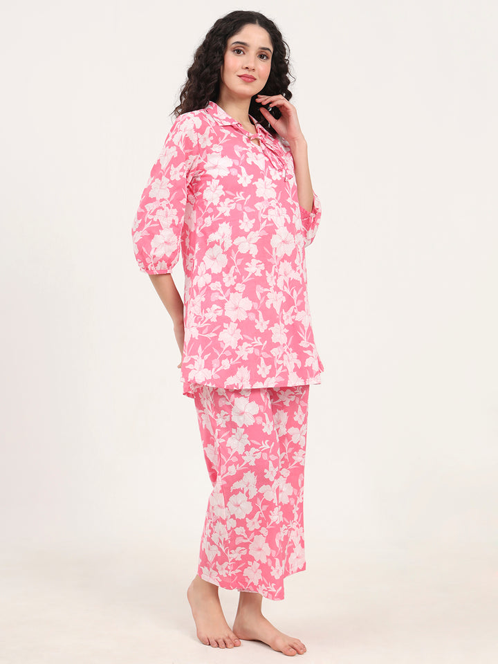 Divena Pink Shirt Coller Cotton Night Suits