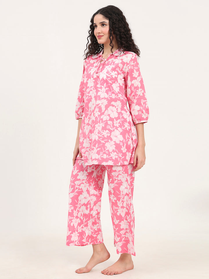 Divena Pink Shirt Coller Cotton Night Suits