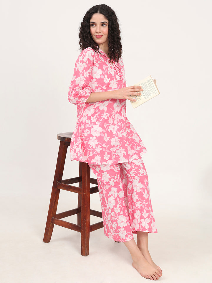 Divena Pink Shirt Coller Cotton Night Suits