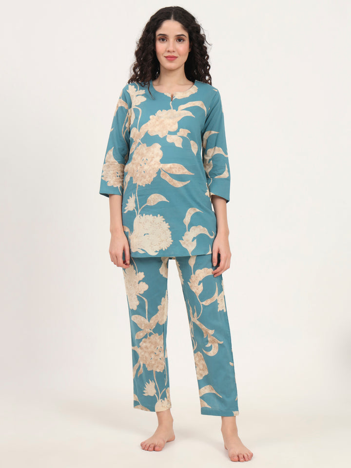 Divena Teal Blue Round Neck Cotton Night Suit