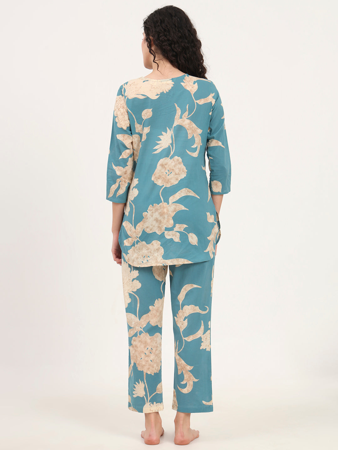 Divena Teal Blue Round Neck Cotton Night Suit