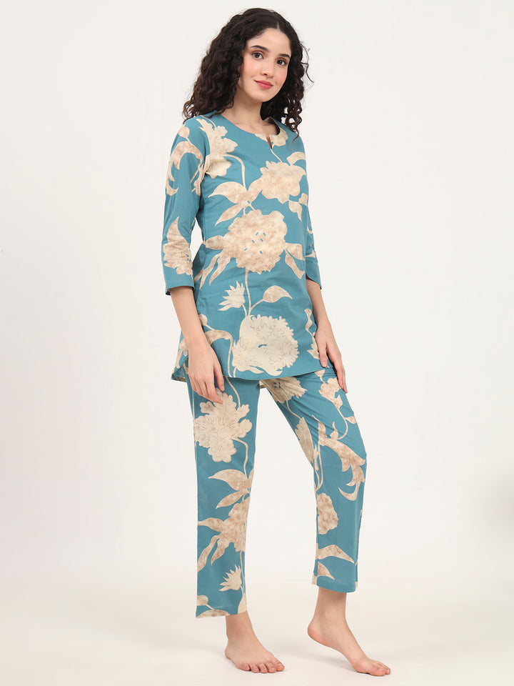 Divena Teal Blue Round Neck Cotton Night Suit
