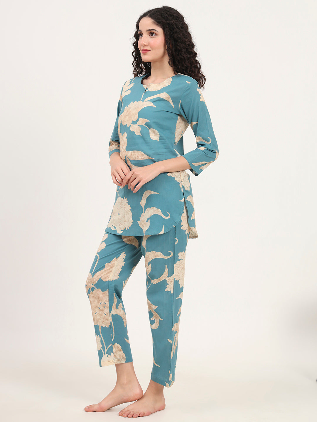 Divena Teal Blue Round Neck Cotton Night Suit