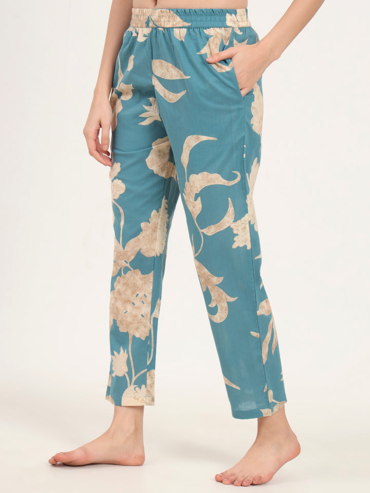Divena Teal Blue Round Neck Cotton Night Suit