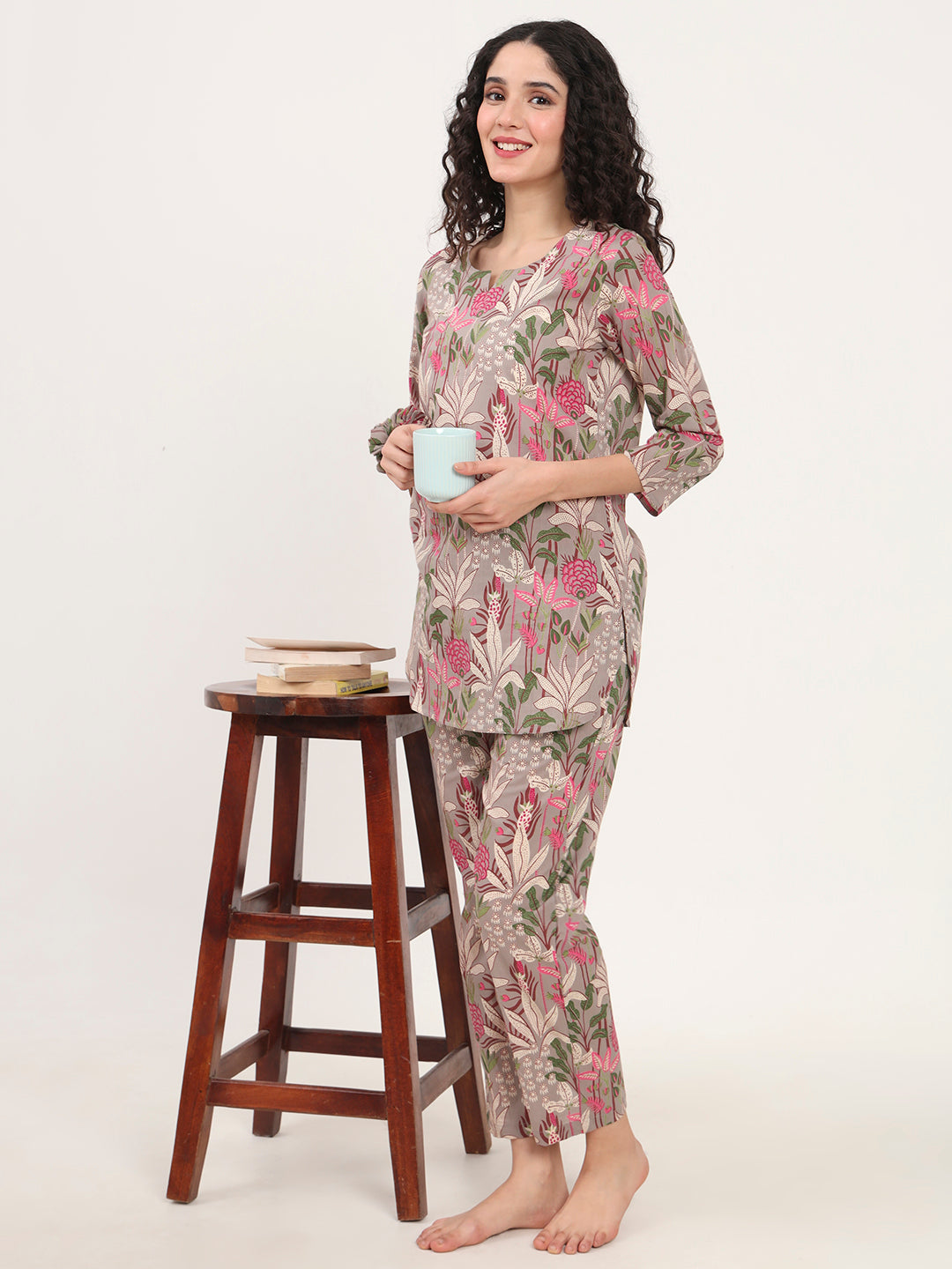 Gray Round Neck Cotton Night Suit — view 1