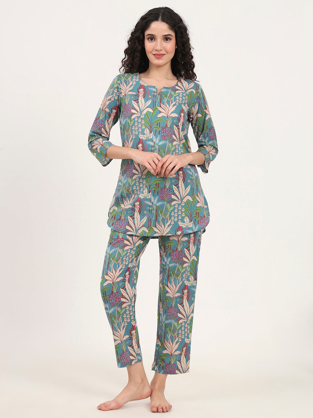 Divena Teal Green Round Neck Cotton Night Suit
