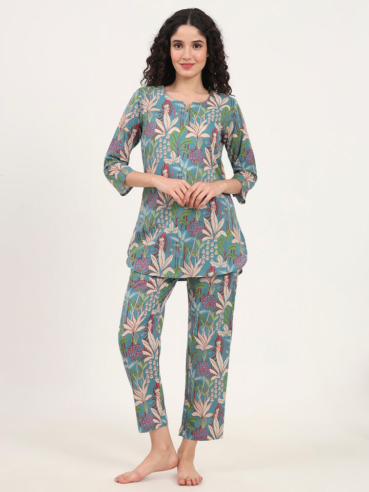 Divena Teal Green Round Neck Cotton Night Suit