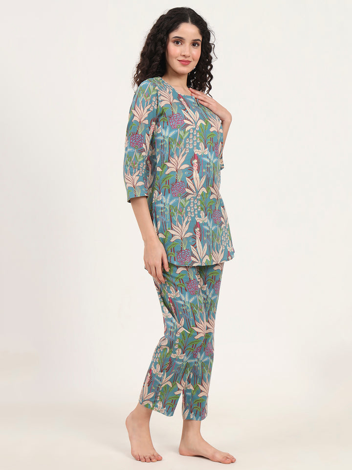 Divena Teal Green Round Neck Cotton Night Suit