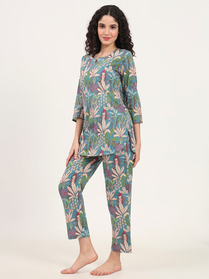 Divena Teal Green Round Neck Cotton Night Suit