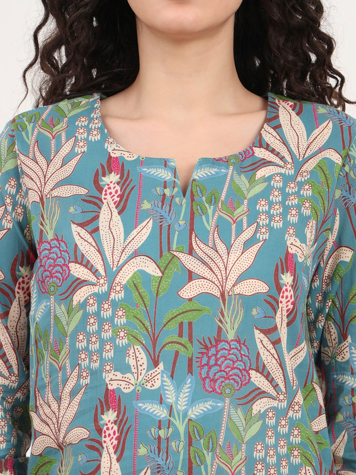 Divena Teal Green Round Neck Cotton Night Suit