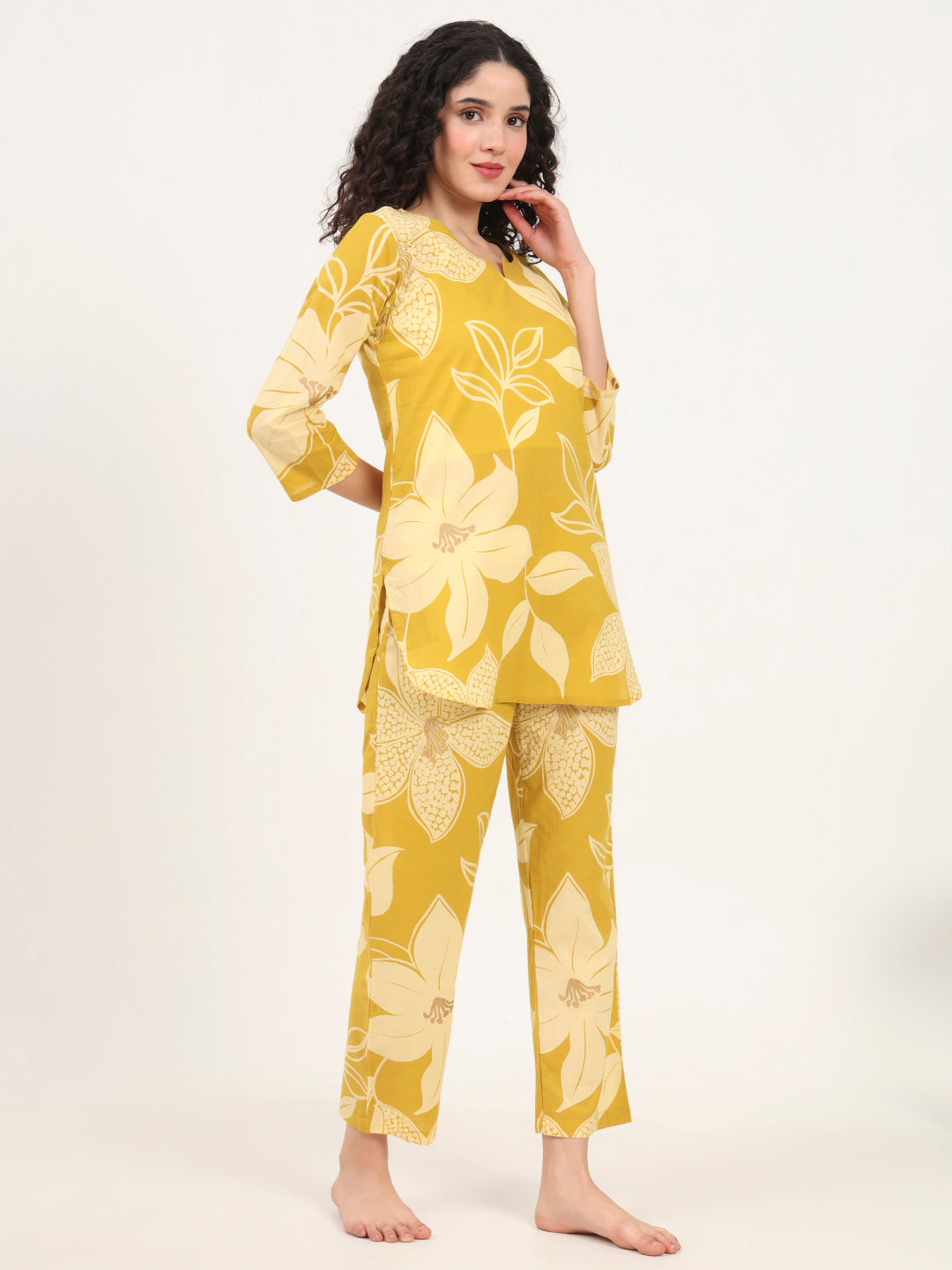 Divena Mustard Round Neck Printed Cotton Night Suit