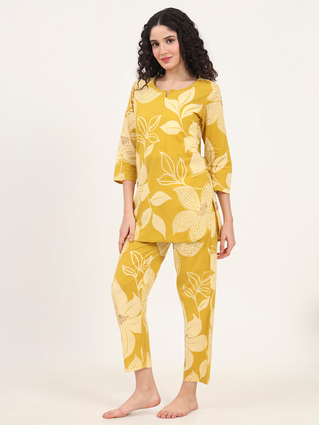 Divena Mustard Round Neck Printed Cotton Night Suit