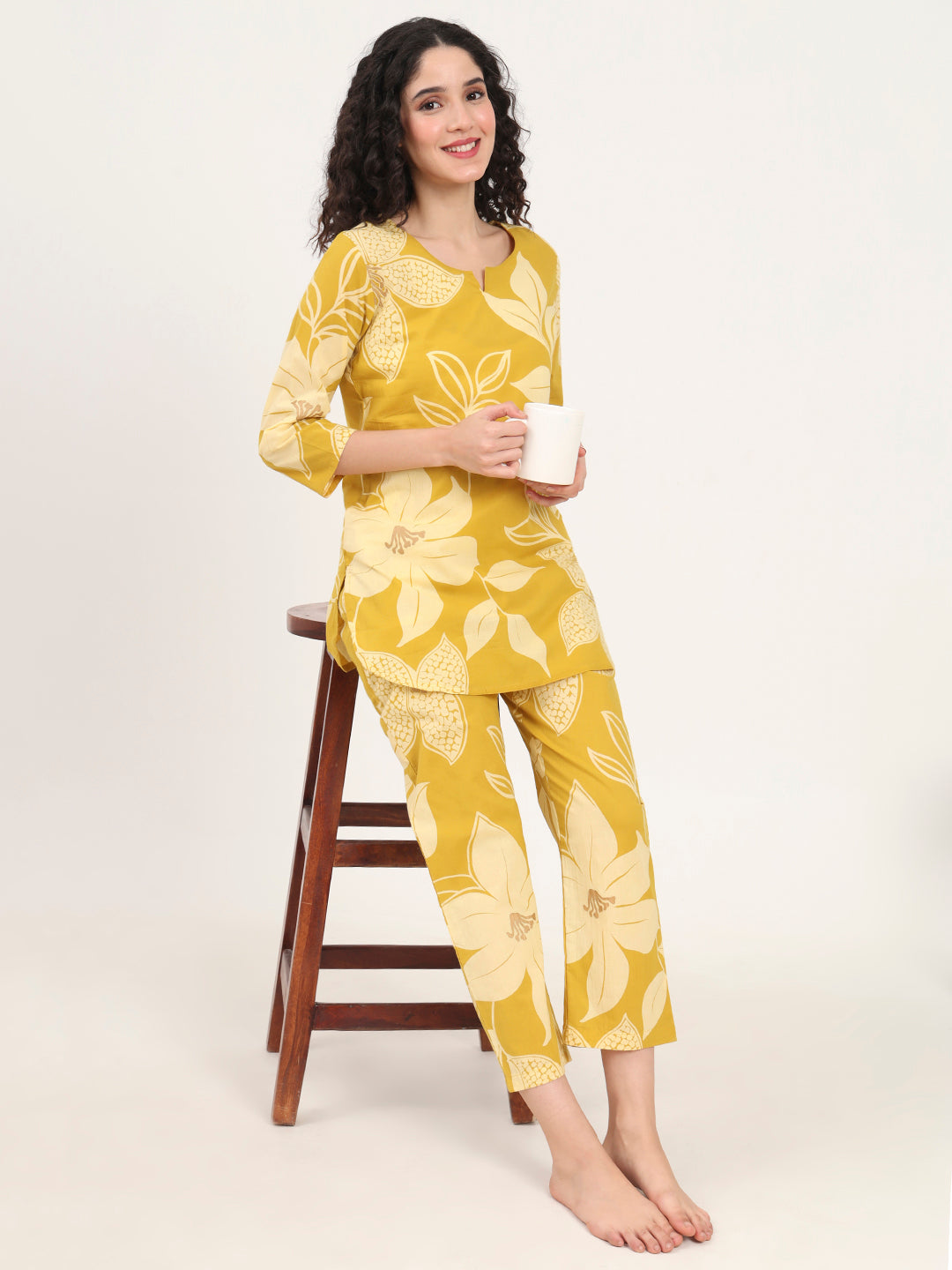 Mustard Round Neck Printed Cotton Night Suit — view 1
