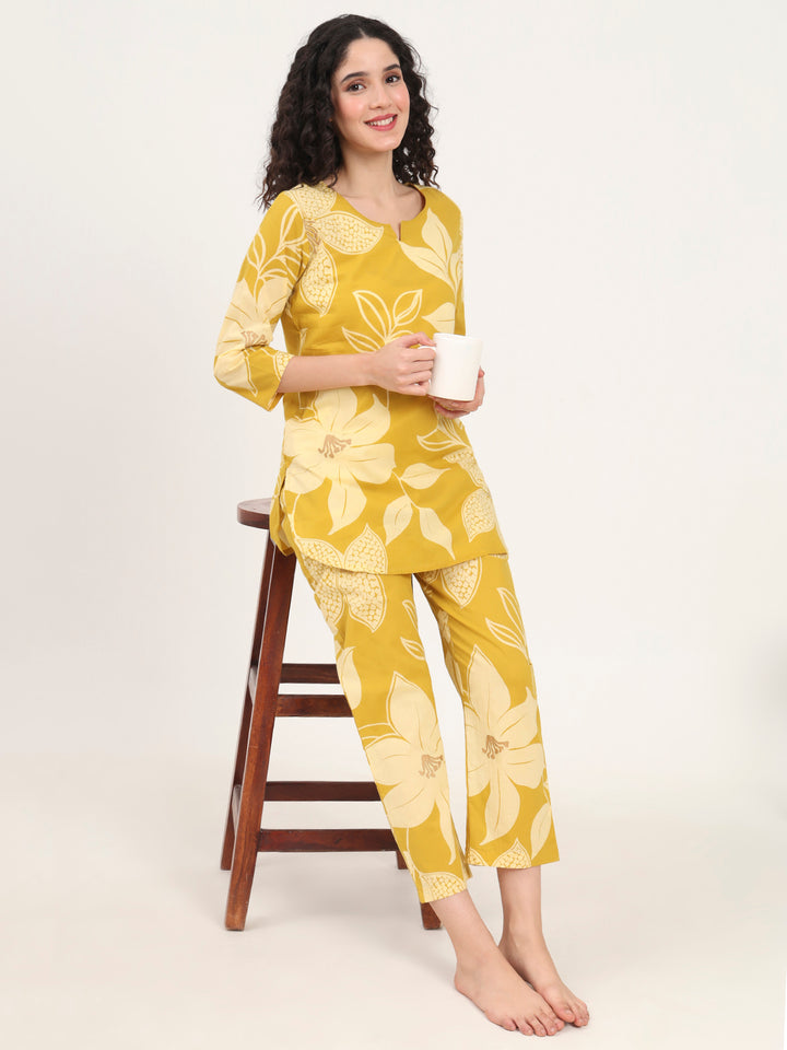 Divena Mustard Round Neck Printed Cotton Night Suit