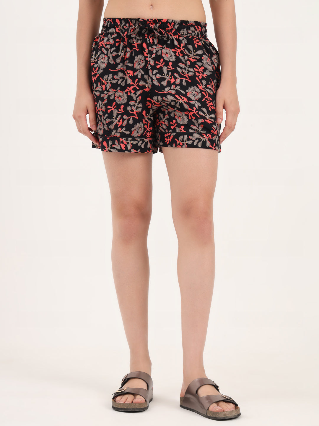 Black Floral Print Cotton Shorts — view 1