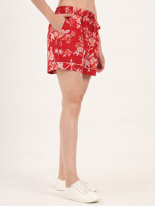 Divena Red Floral Print Cotton Shorts