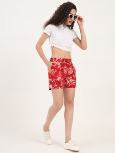 Divena Red Floral Print Cotton Shorts