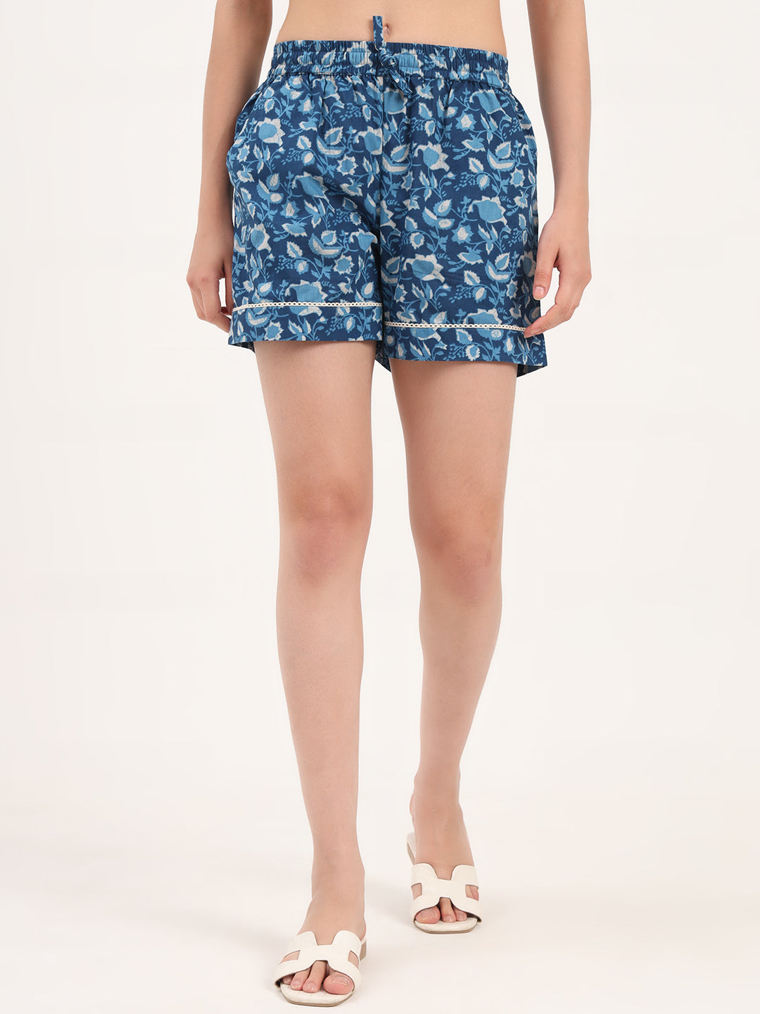 Light Blue Floral Print Cotton Shorts — view 1