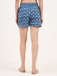 Divena Blue Floral Print Cotton Shorts