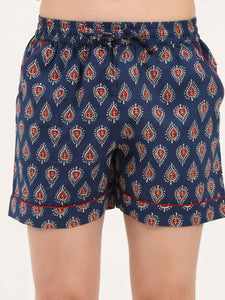 Divena Navy Blue Paislay Print Cotton Shorts