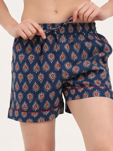 Divena Navy Blue Paislay Print Cotton Shorts