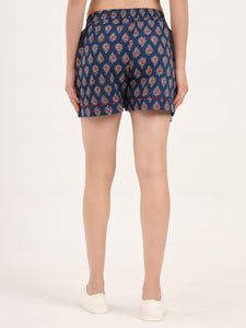 Divena Navy Blue Paislay Print Cotton Shorts